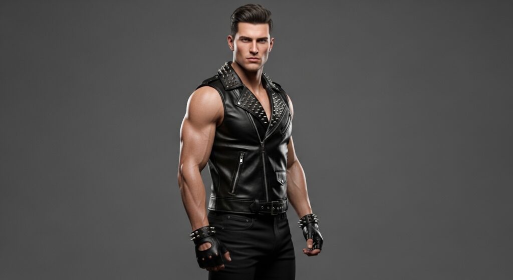 Men’s Leather Biker Vest with Studs & Spikes,  Motorcycle Jacket, Sleeveless