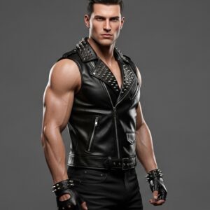 Men’s Leather Biker Vest with Studs & Spikes,  Motorcycle Jacket, Sleeveless