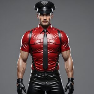 Luxury Handmade Red Sheepskin Leather Shirt – Police-Inspired Fetish Uniform