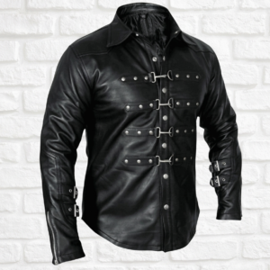Men’s Black Genuine Leather Biker Jacket with Buckle Straps