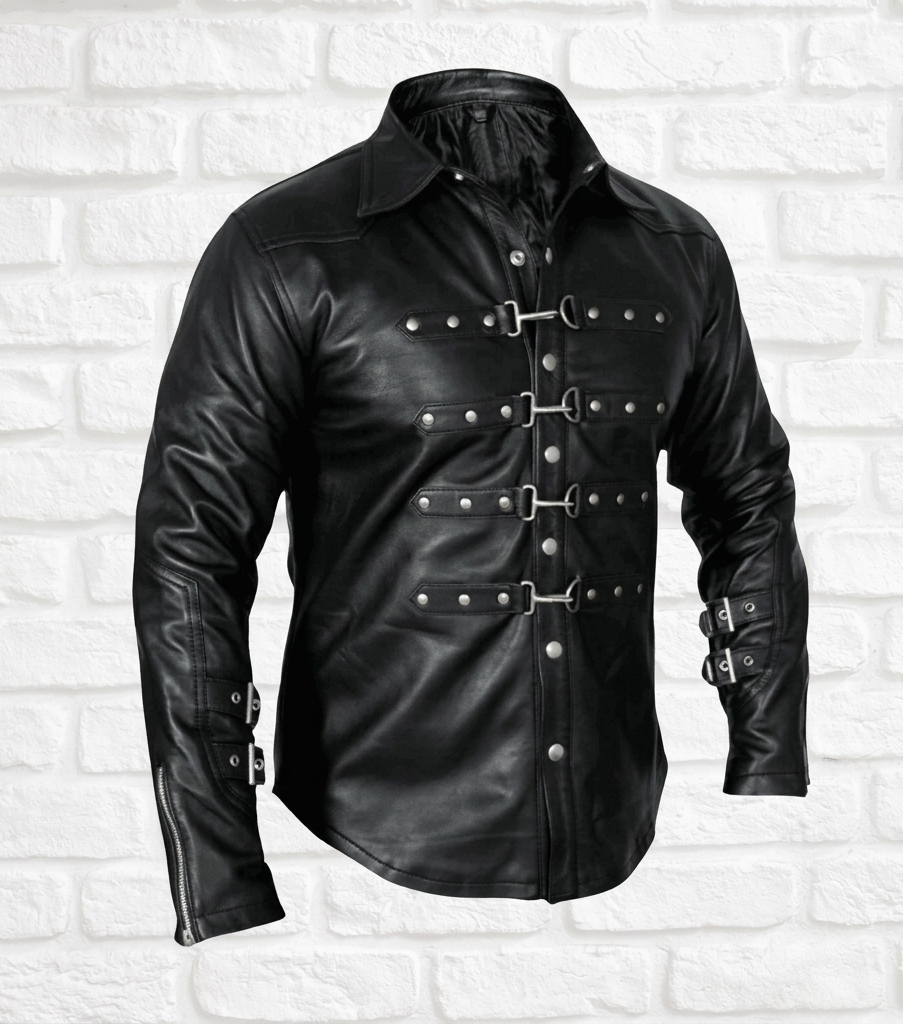 Men’s Black Genuine Leather Biker Jacket with Buckle Straps