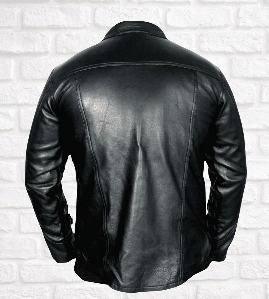 Men’s Black Genuine Leather Biker Jacket with Buckle Straps - Image 3