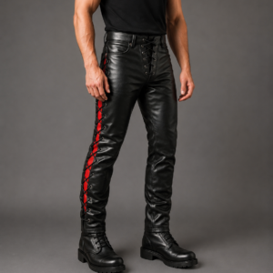 Men’s Premium Black Leather Pants – Handmade Lace-Up Biker Motorcycle Trousers