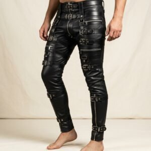 Men’s Handmade Black Leather Pants – Adjustable Buckle Strap Slim Fit Pants