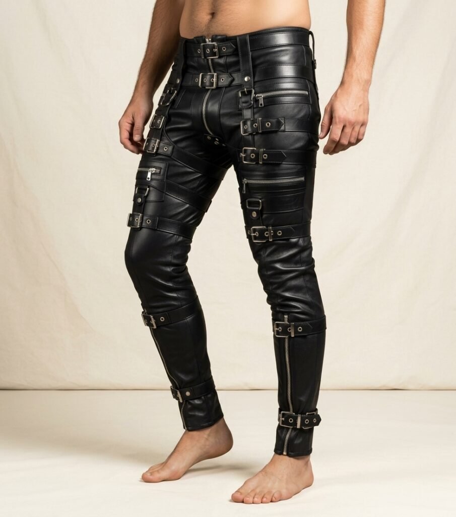 Men’s Handmade Black Leather Pants – Adjustable Buckle Strap Slim Fit Pants