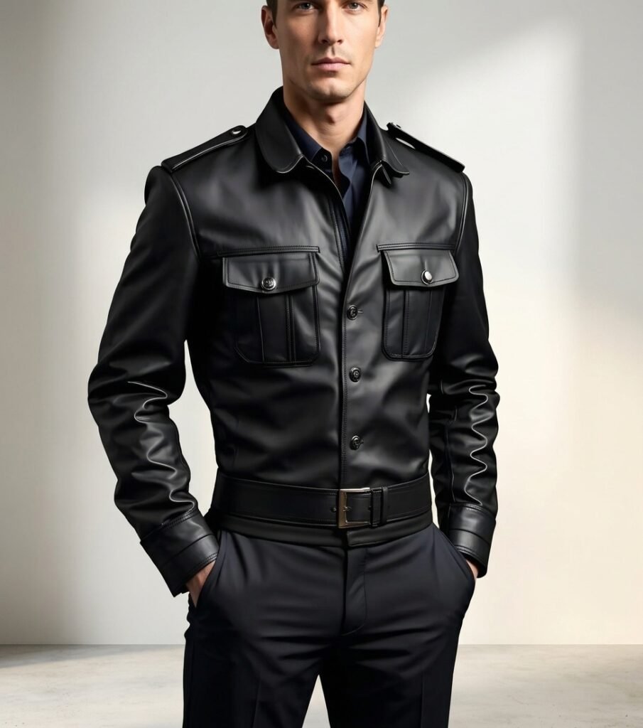 Black Leather Police Shirt Jacket for Men | Genuine Leather Officer Style Coat | Buttoned Epaulettes Blazer | Handmade Tailored Fit