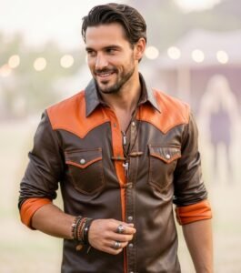 Handcrafted Men’s Two-Tone Cowhide Leather Shirt – Brown & Orange Western Cowboy Jacket, Slim Fit