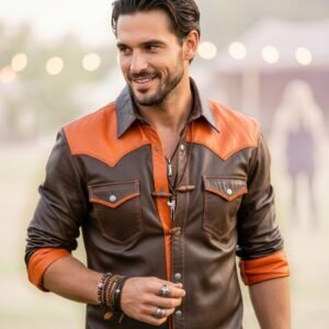 Handcrafted Men’s Two-Tone Cowhide Leather Shirt – Brown & Orange Western Cowboy Jacket, Slim Fit
