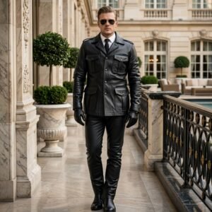 Handcrafted Men’s Black Leather Uniform Set – Military Biker Jacket & Pants