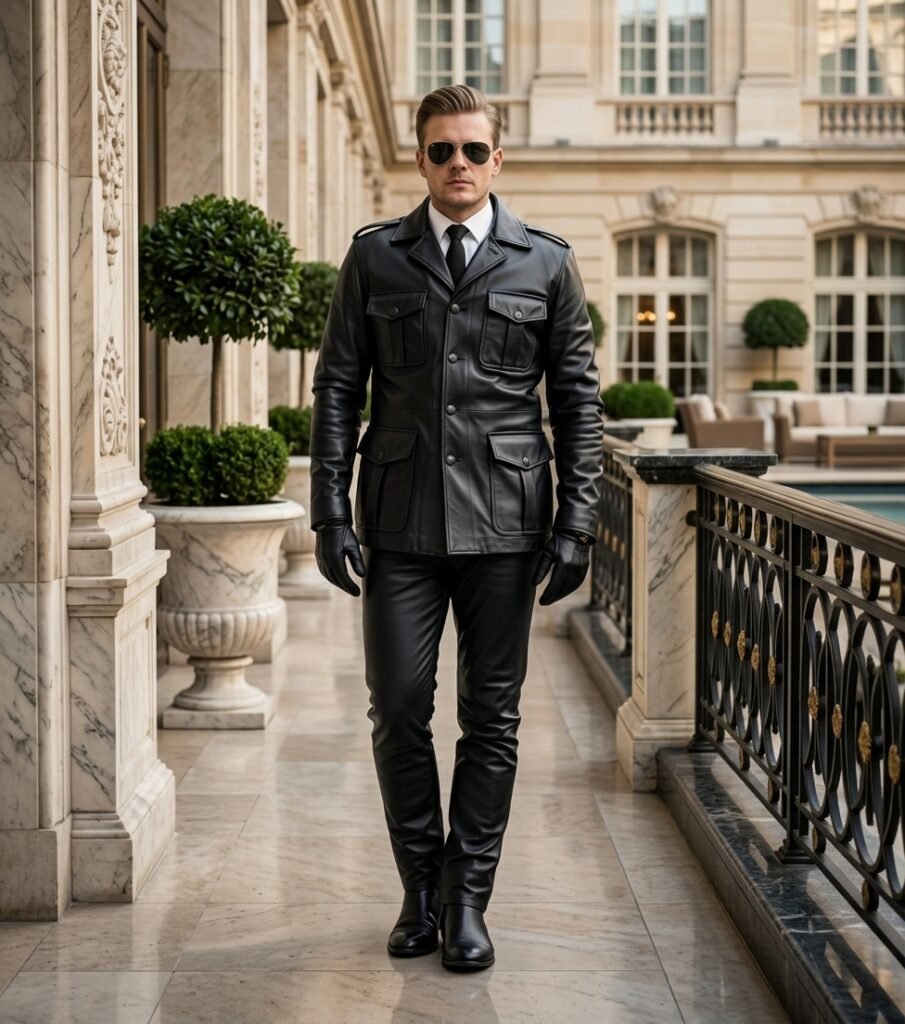 Handcrafted Men’s Black Leather Uniform Set – Military Biker Jacket & Pants